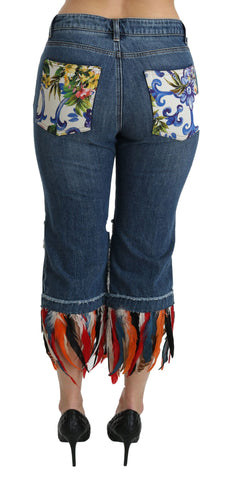 Blue feathers low waist cropped cotton jeans by Dolce & Gabbana, showcasing a relaxed fit with feather embroidery detail.