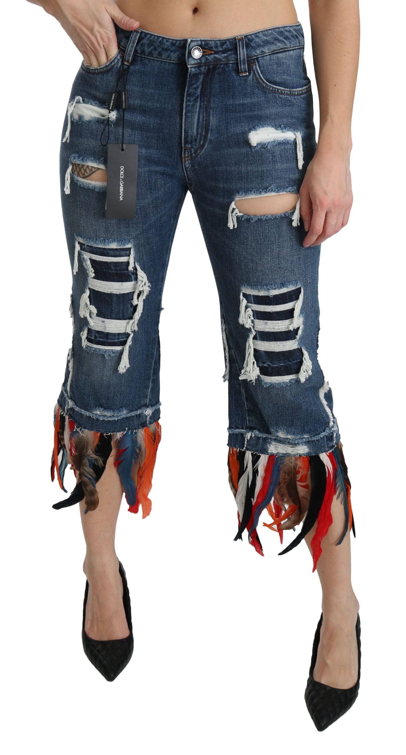 Blue feathers low waist cropped cotton jeans by Dolce & Gabbana, featuring feather details and a relaxed fit.