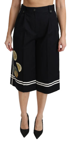 Black Lemon Embellished Palazzo Cropped Pants by Dolce & Gabbana, featuring intricate lemon embellishments and wide-leg cropped style.