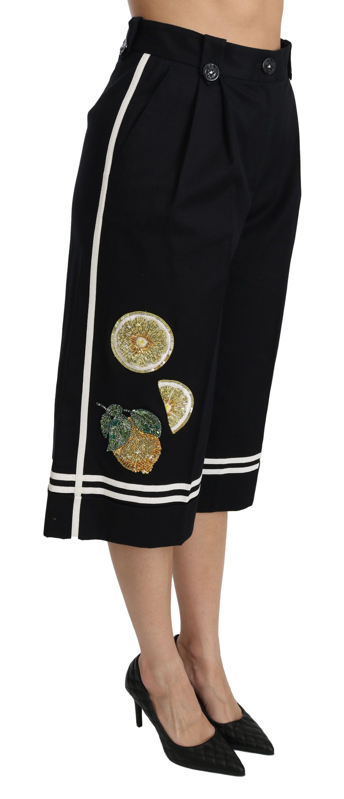 Black Lemon Embellished Palazzo Cropped Pants by Dolce & Gabbana, featuring intricate embellishments and wide-leg design.