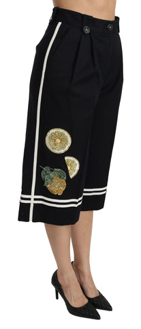 Black Lemon Embellished Palazzo Cropped Pants by Dolce & Gabbana, featuring intricate embellishments and wide-leg design.