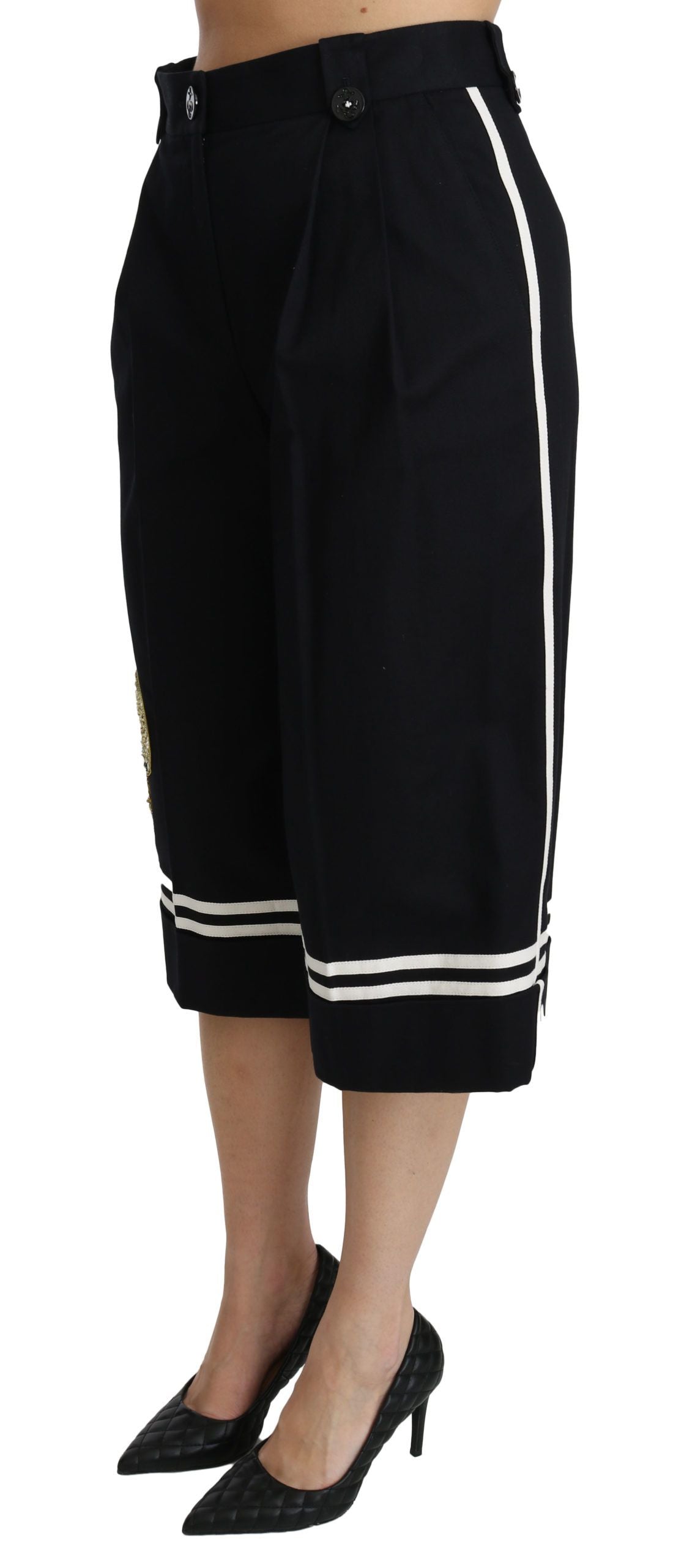 Black Lemon Embellished Palazzo Cropped Pants by Dolce & Gabbana, featuring intricate lemon embellishments and wide-leg cropped design.
