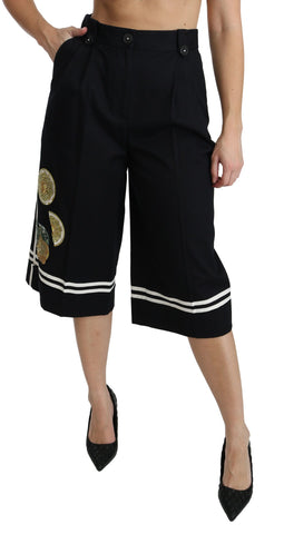 Black Lemon embellished Palazzo cropped pants by Dolce & Gabbana, featuring intricate lemon embroidery and a relaxed wide-leg fit.