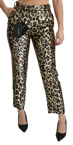 Brown leopard sequined high waist pants by Dolce & Gabbana with a fitted silhouette and bold animal print design.