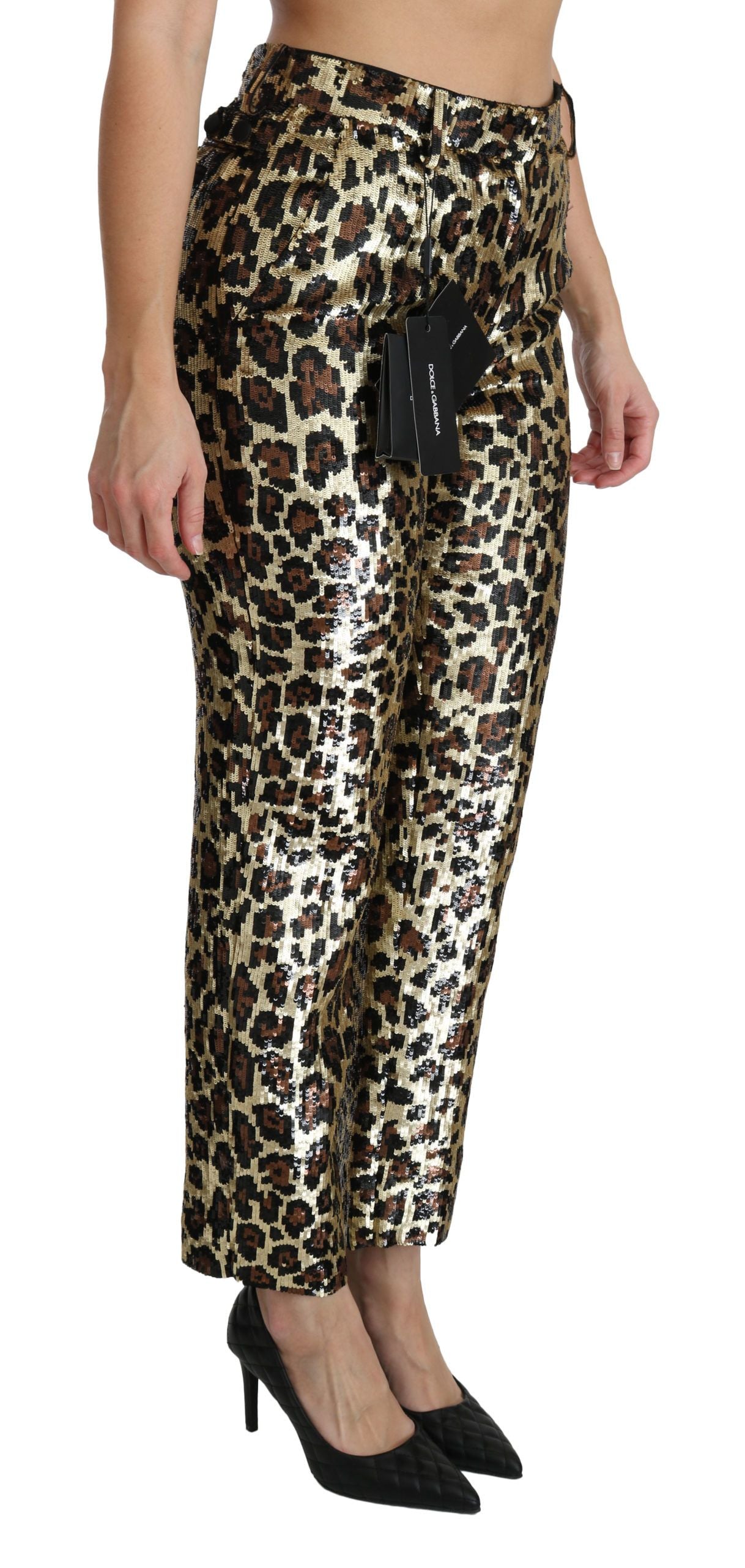 Brown leopard print sequined high waist pants by Dolce & Gabbana, featuring a fitted high-rise design and shimmering embellishments.