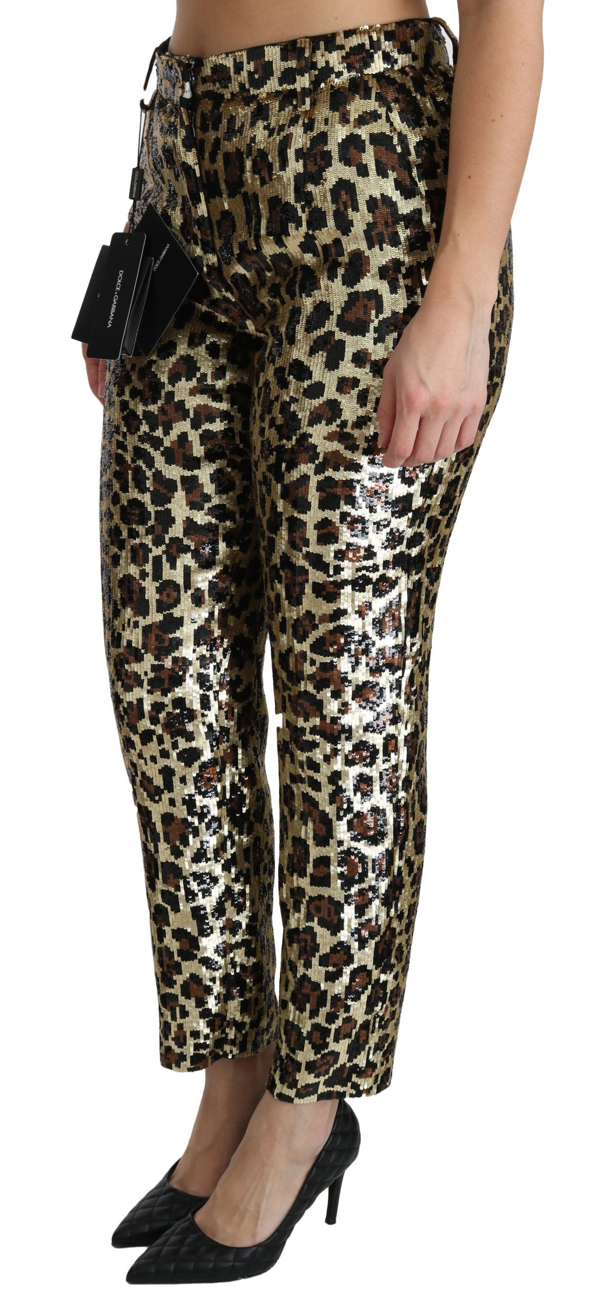 Brown leopard sequined high waist pants by Dolce & Gabbana, featuring a shiny, patterned fabric and tailored fit.