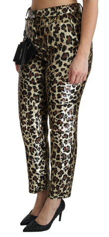Brown leopard sequined high waist pants by Dolce & Gabbana, featuring a shiny, patterned fabric and tailored fit.