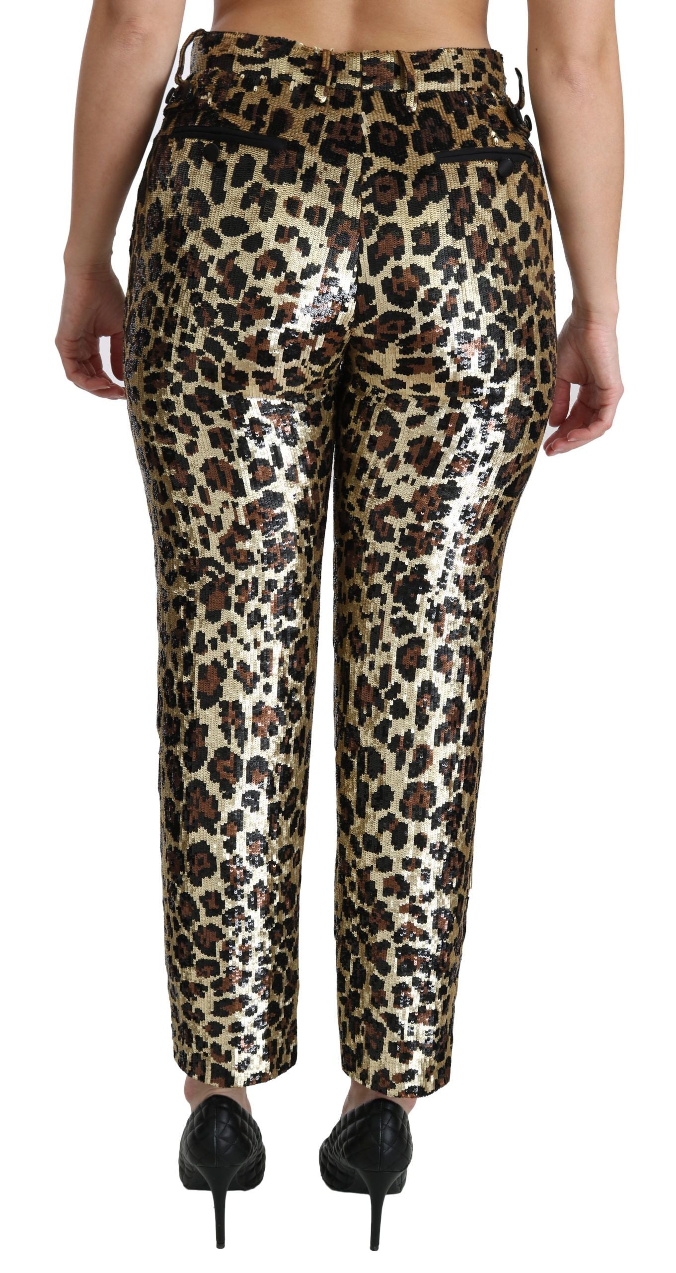 Brown leopard print sequined high waist pants by Dolce & Gabbana, featuring a stylish high-rise fit and shimmering fabric detail.