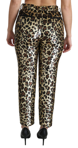 Brown leopard print sequined high waist pants by Dolce & Gabbana, featuring a stylish high-rise fit and shimmering fabric detail.