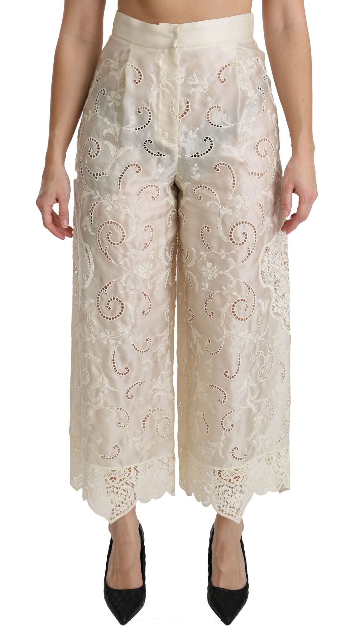 Cream lace high waist palazzo cropped pants by Dolce & Gabbana, featuring intricate lace details and wide-leg silhouette.