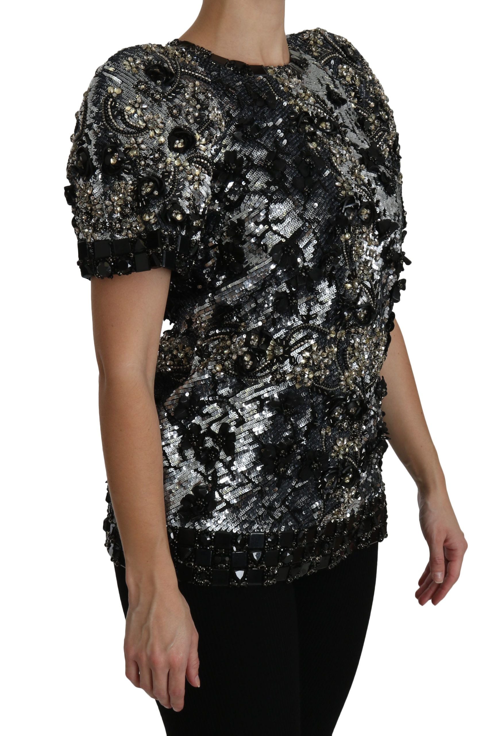 Black sequined crystal-embellished top blouse by Dolce & Gabbana, featuring shimmering sequins and intricate crystal details.