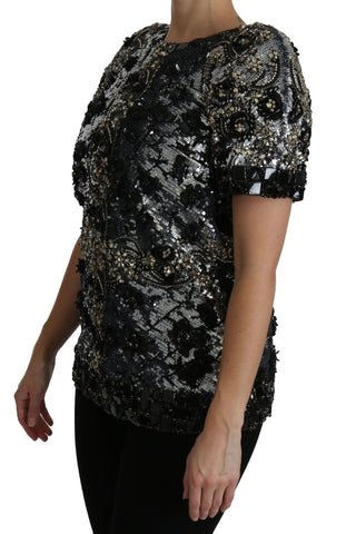 Black Dolce & Gabbana sequined crystal-embellished top blouse with shimmering embellishments and elegant design.
