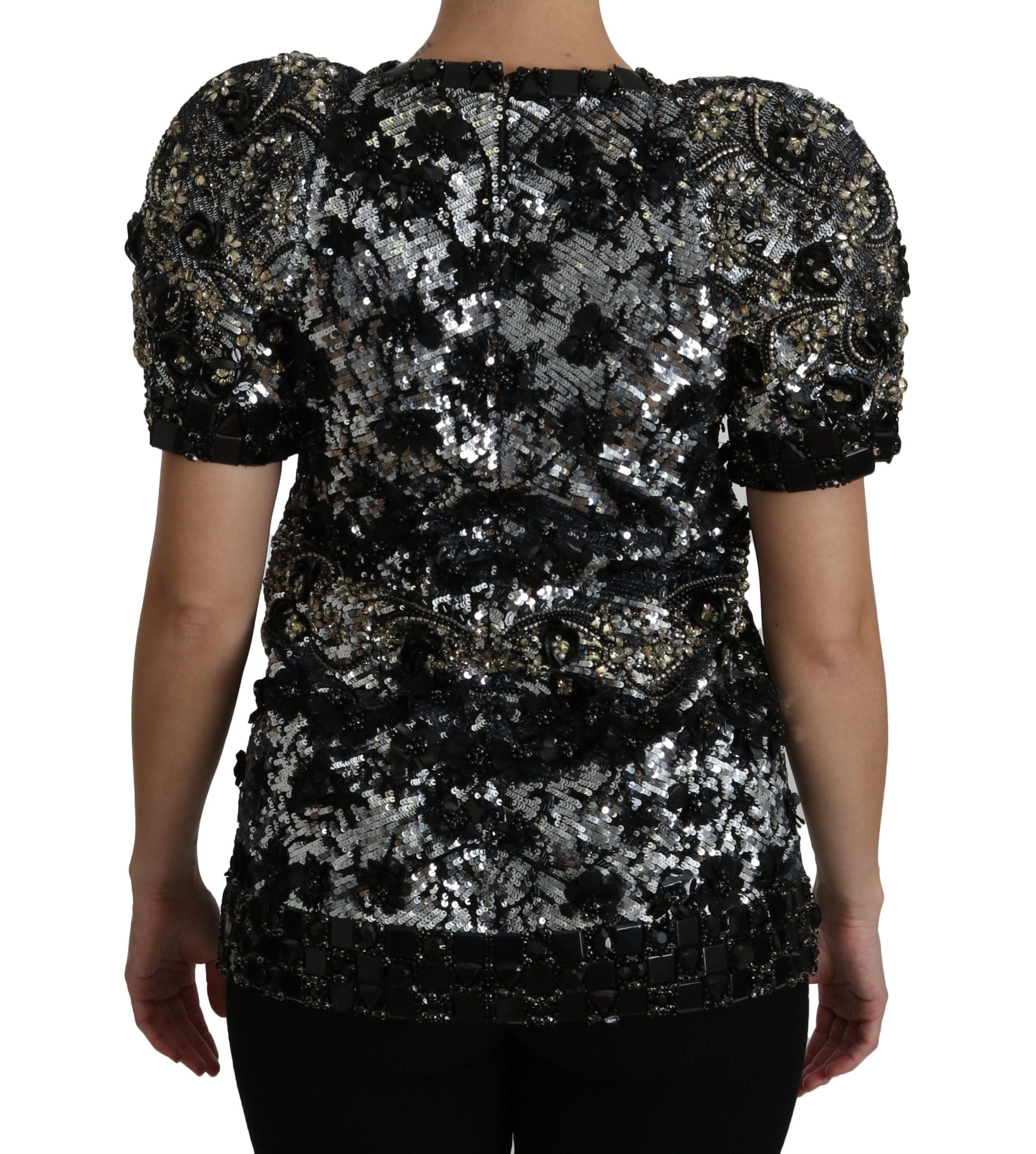 Black sequined blouse with crystal embellishments, Dolce & Gabbana top, featuring a stylish and glamorous design.