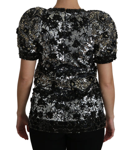Black sequined blouse with crystal embellishments, Dolce & Gabbana top, featuring a stylish and glamorous design.