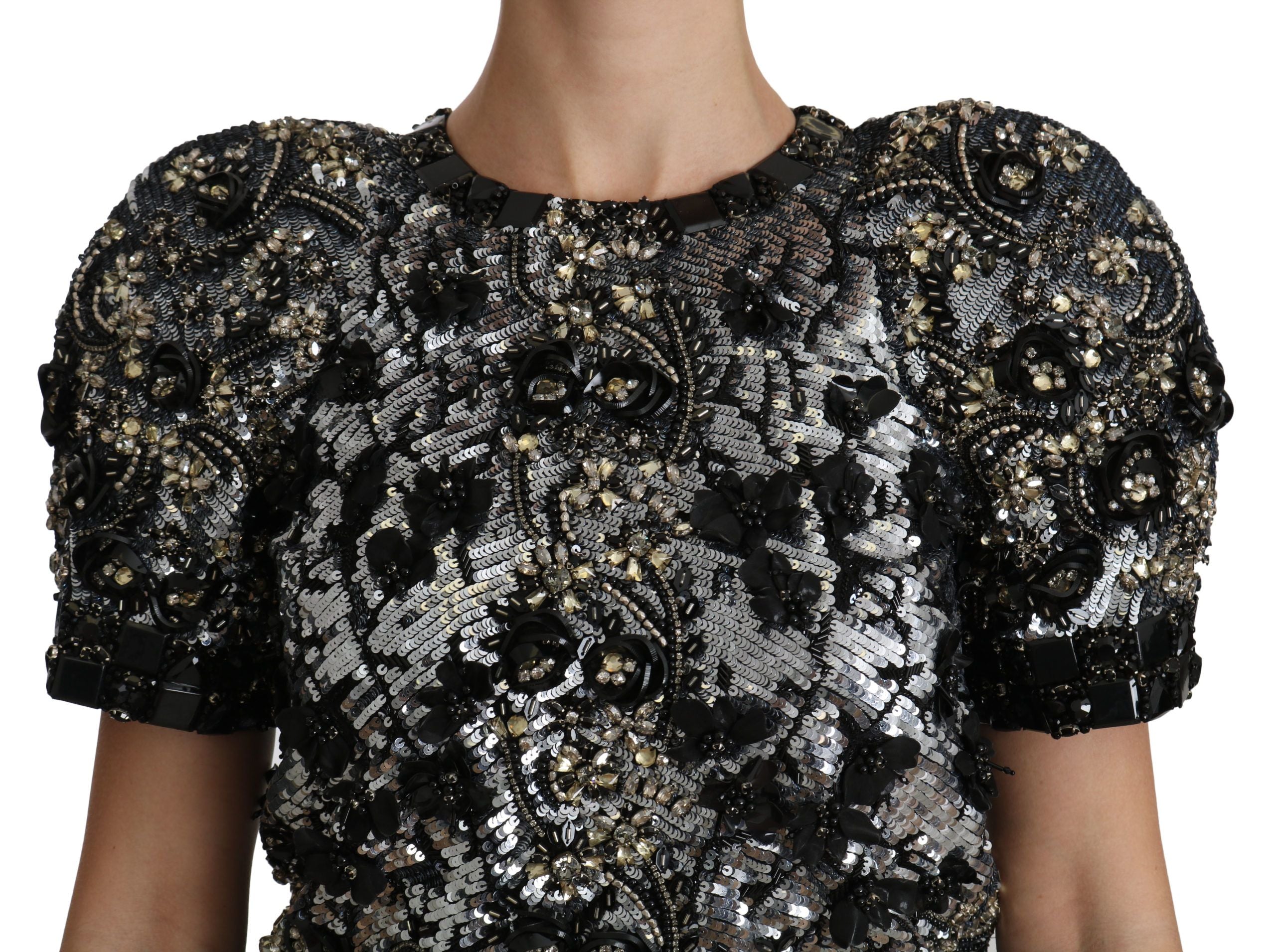 Black sequined crystal-embellished top blouse by Dolce & Gabbana, featuring shimmering sequins and elegant design.
