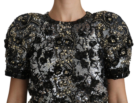 Black sequined crystal-embellished top blouse by Dolce & Gabbana, featuring shimmering sequins and elegant design.