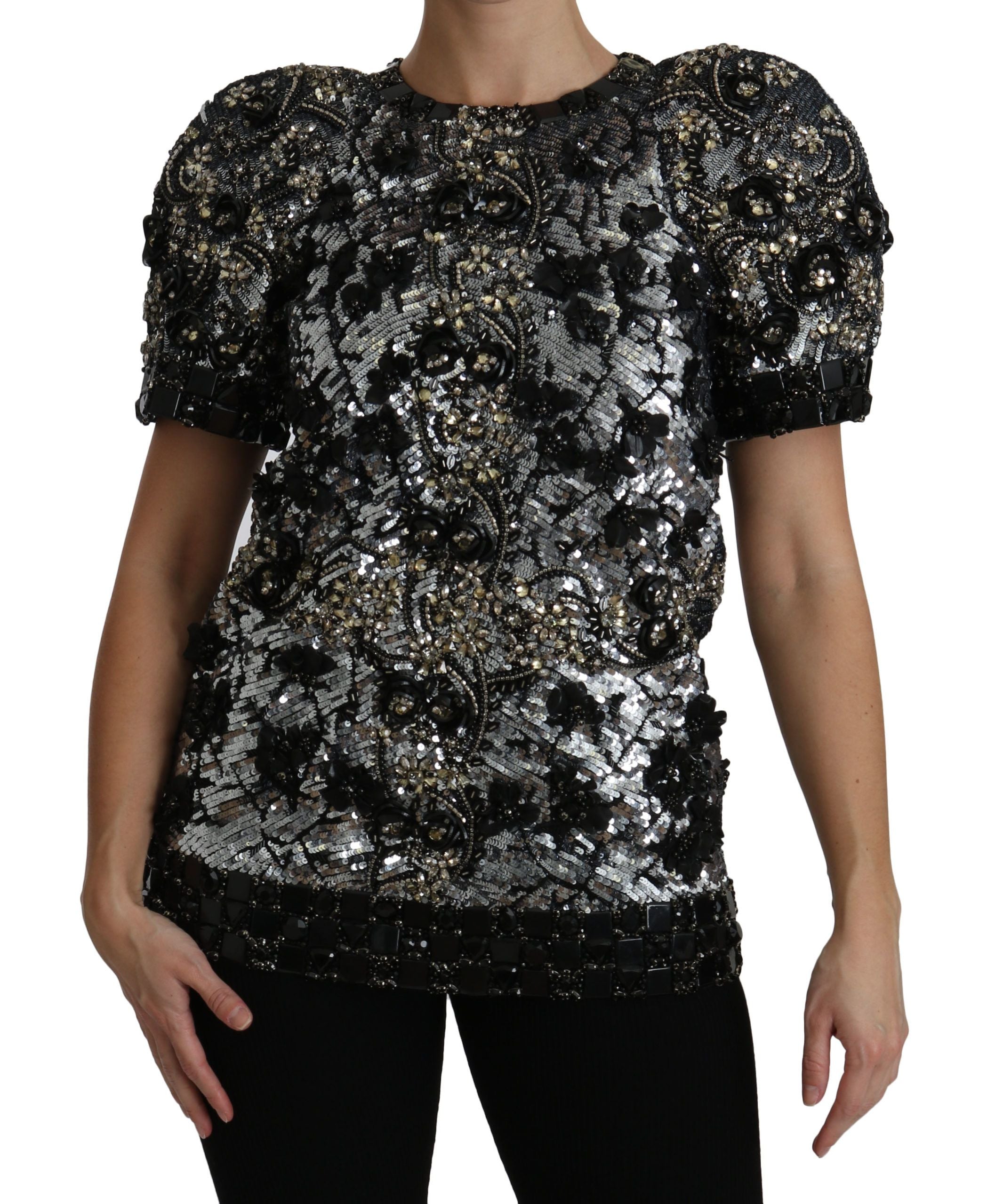Black sequined crystal-embellished top blouse by Dolce & Gabbana, featuring shimmering sequins and intricate crystal details.