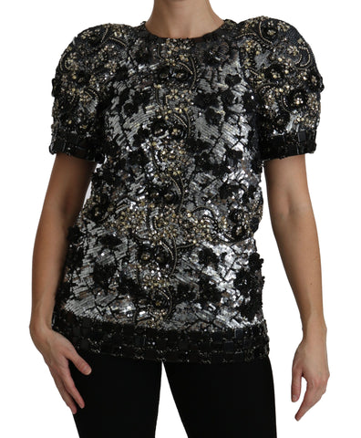 Black sequined crystal-embellished top blouse by Dolce & Gabbana, featuring shimmering sequins and intricate crystal details.
