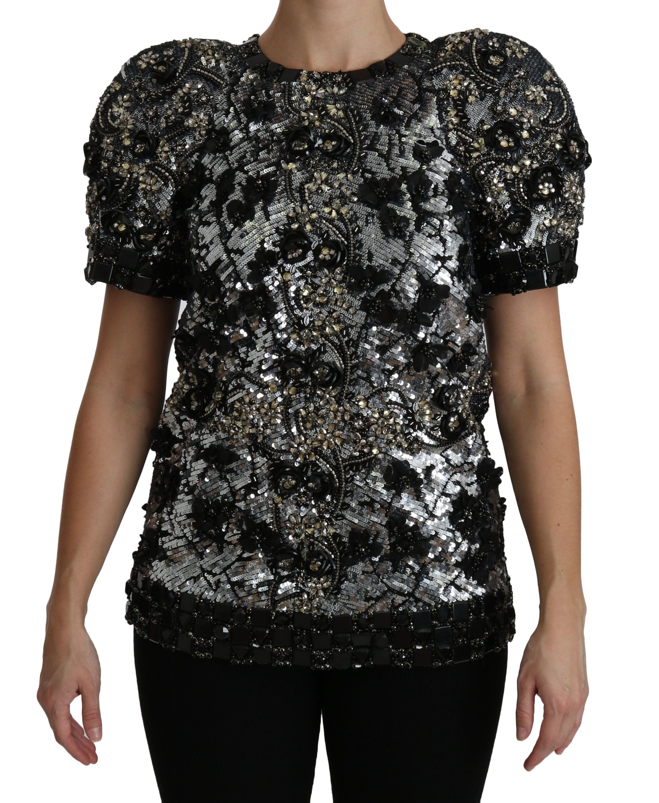 Black sequined crystal-embellished blouse by Dolce & Gabbana, featuring shimmering fabric and elegant design.
