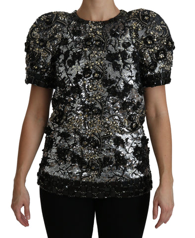 Black sequined crystal-embellished blouse by Dolce & Gabbana, featuring shimmering fabric and elegant design.