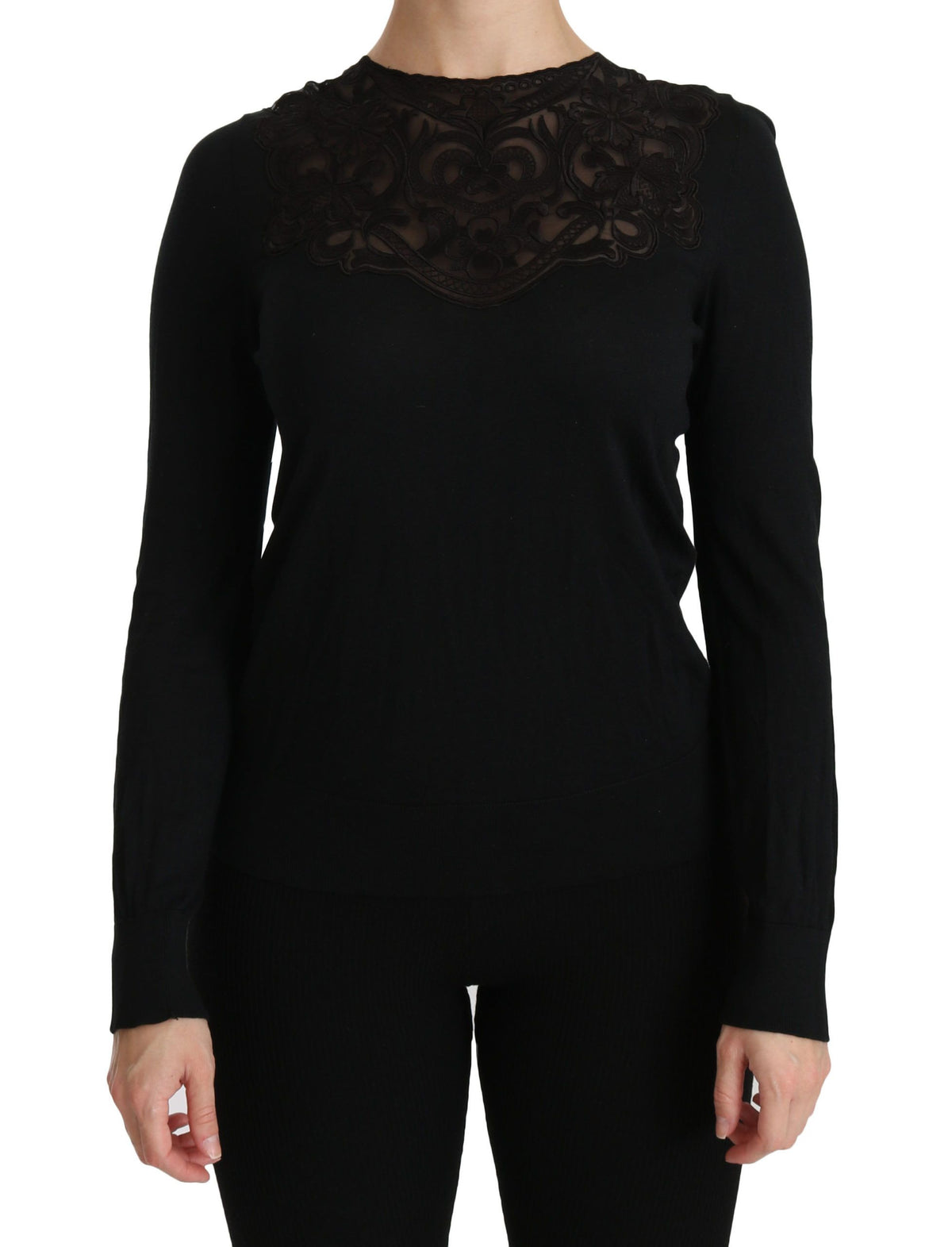 Black silk lace crew neck long sleeve blouse by Dolce & Gabbana, featuring intricate lace details and a fitted silhouette.