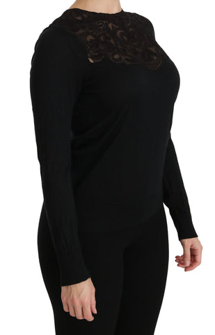 Black silk lace crew neck long sleeve blouse by Dolce & Gabbana, featuring elegant lace details and a classic fit.