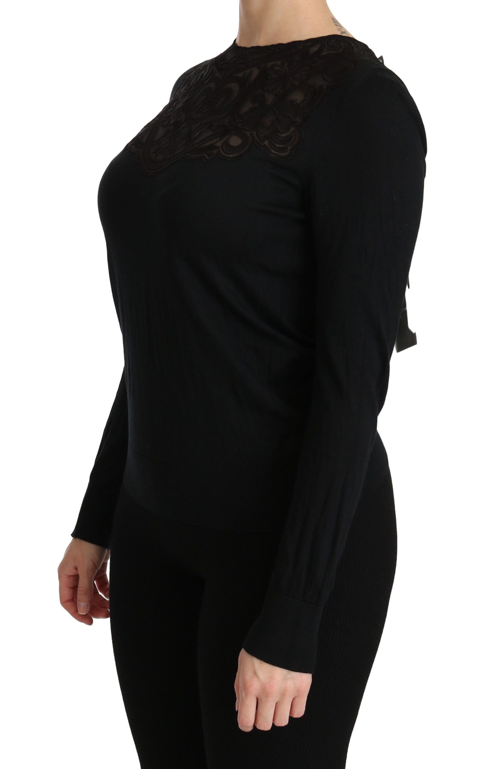 Black silk lace crew neck long sleeve blouse by Dolce & Gabbana, featuring elegant lace details and a classic fit.