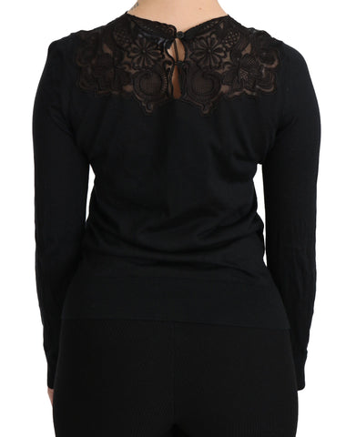 Black silk lace crew neck long sleeve blouse by Dolce & Gabbana, featuring elegant lace details and a classic fit.