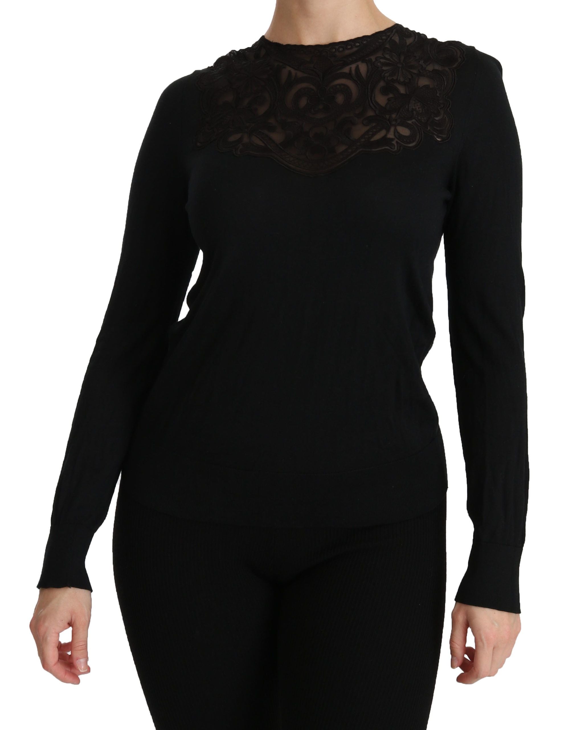 Black silk lace crew neck long sleeve blouse by Dolce & Gabbana, featuring delicate lace details and a classic fit.