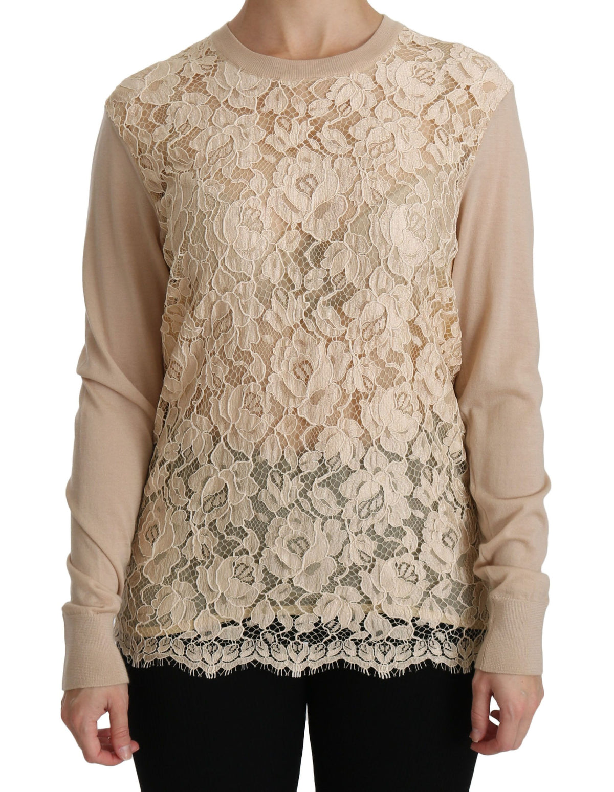 Beige lace long sleeve cashmere blouse by Dolce & Gabbana, featuring intricate lace details and a elegant fit.
