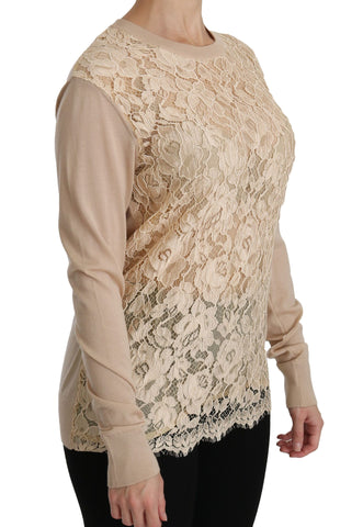 Beige lace long sleeve cashmere blouse by Dolce & Gabbana, soft fabric with intricate lace details and elegant fit.