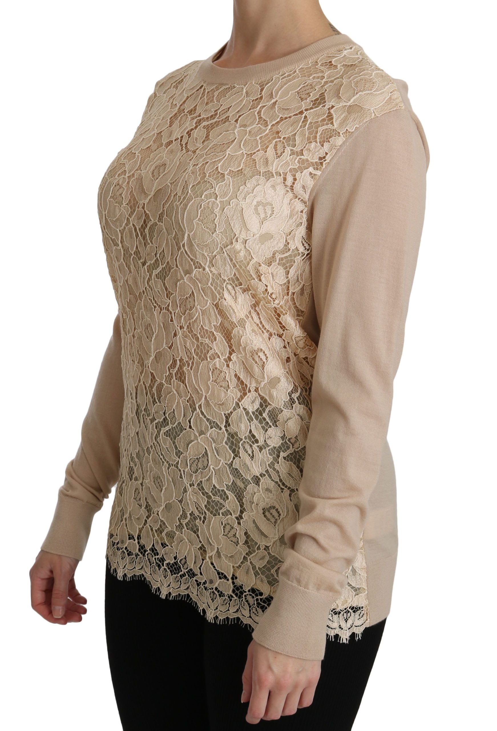 Beige lace long sleeve cashmere blouse by Dolce & Gabbana with intricate lace details and elegant fit.