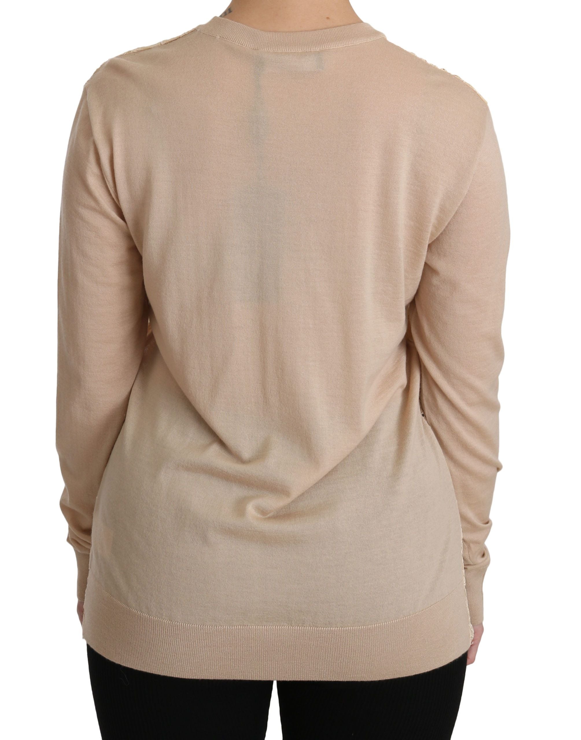 Beige lace long sleeve cashmere blouse by Dolce & Gabbana, featuring intricate lace details and elegant design.