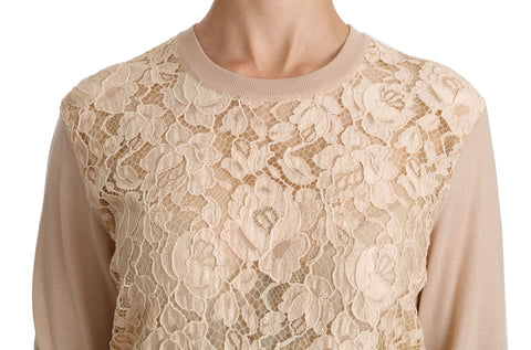 Beige lace long sleeve cashmere blouse by Dolce & Gabbana, featuring intricate lace details and a soft, luxurious fabric.