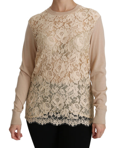Beige lace long sleeve cashmere blouse by Dolce & Gabbana, featuring intricate lace details and a soft, luxurious fabric.