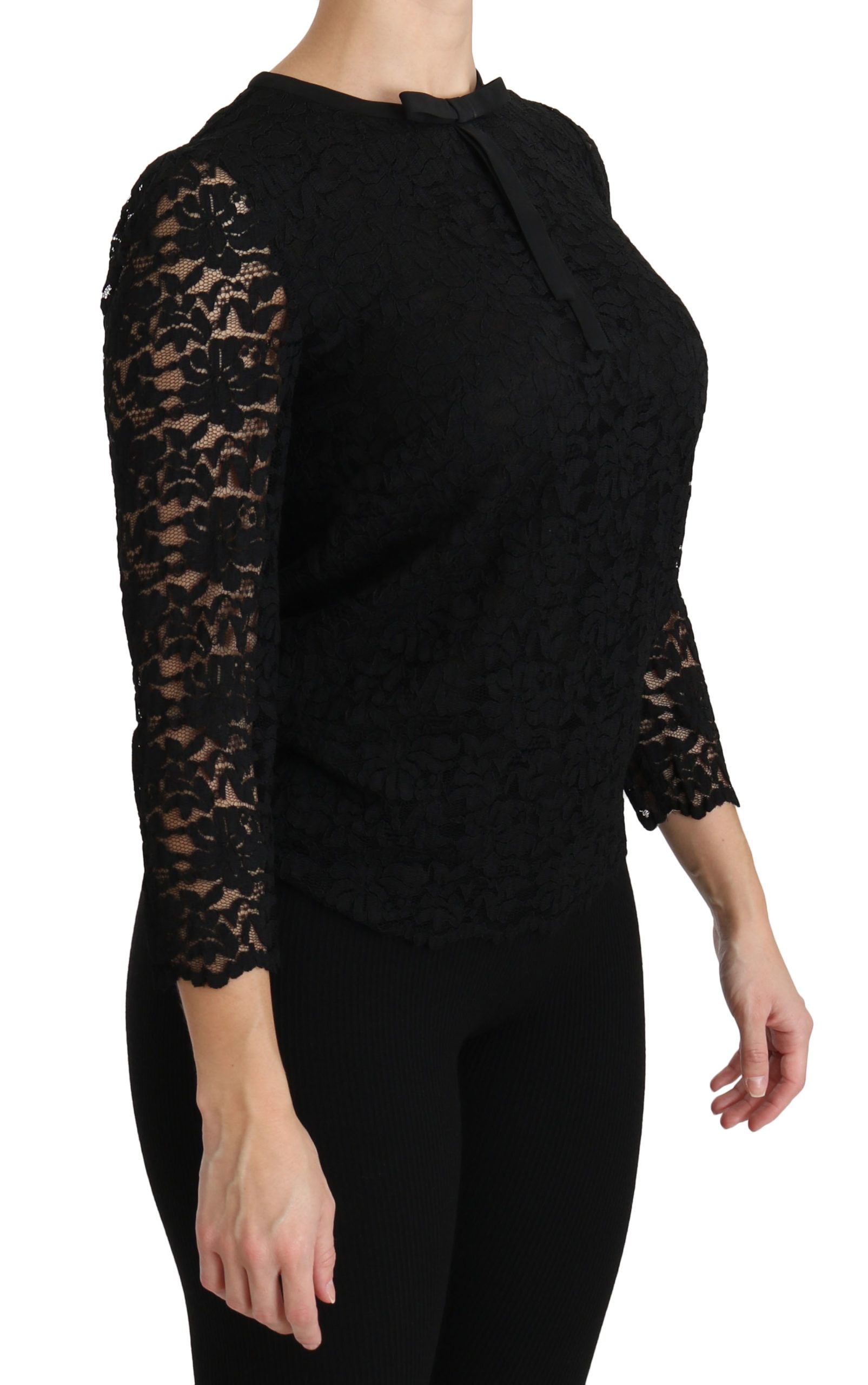 Black lace long sleeve nylon blouse by Dolce & Gabbana, featuring elegant lace details and a fitted design.