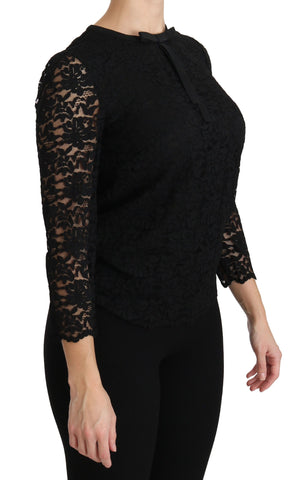 Black lace long sleeve nylon blouse by Dolce & Gabbana, featuring elegant lace details and a fitted design.