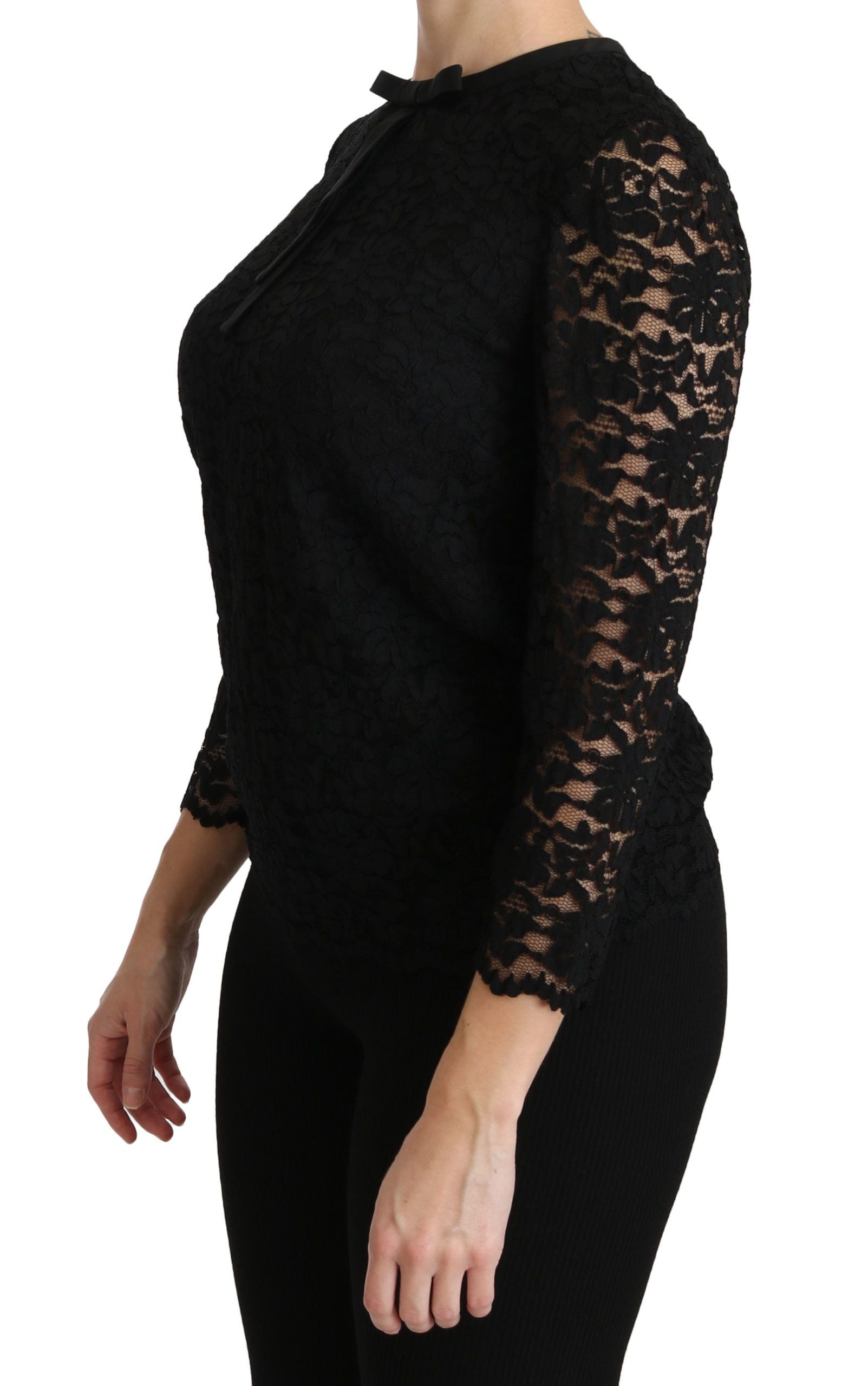 Black lace long sleeve nylon blouse by Dolce & Gabbana, featuring intricate lace details and a fitted silhouette.