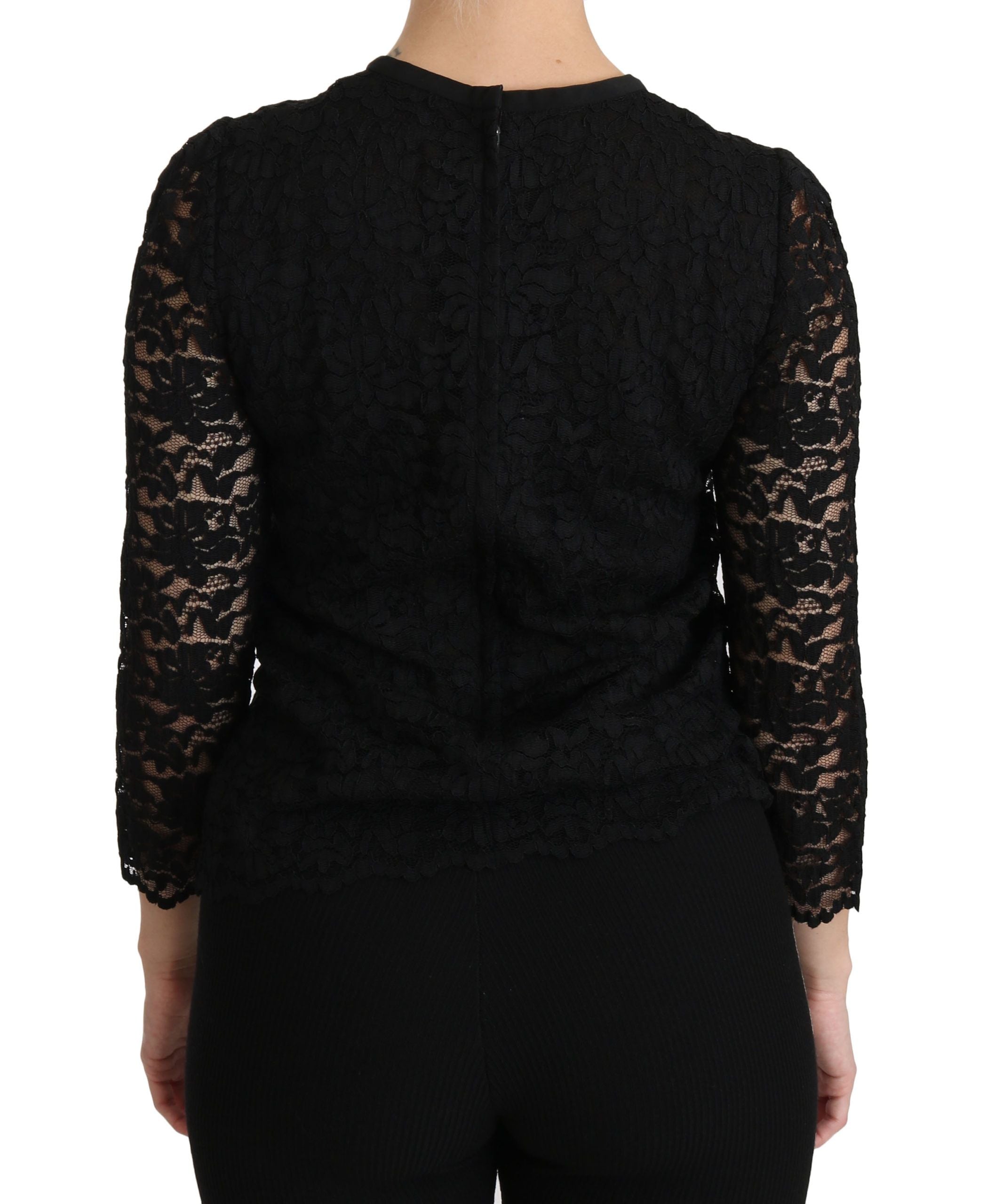 Black lace long sleeve nylon blouse by Dolce & Gabbana, featuring intricate lace details and a stylish, elegant design.