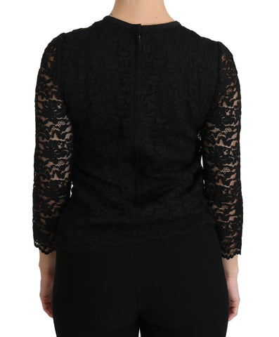 Black lace long sleeve nylon blouse by Dolce & Gabbana, featuring intricate lace details and a stylish, elegant design.
