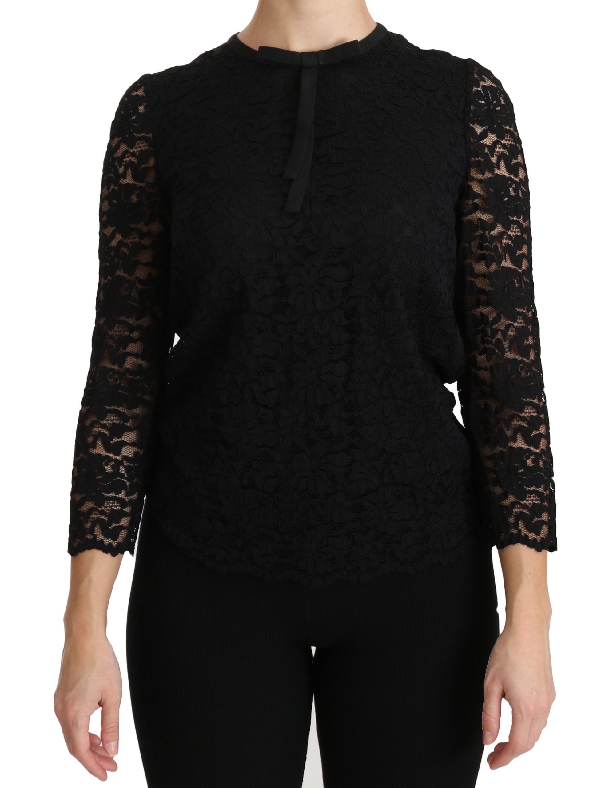 Black lace long sleeve nylon blouse by Dolce & Gabbana, featuring intricate lace details and a stylish, elegant design.