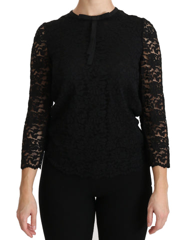 Black lace long sleeve nylon blouse by Dolce & Gabbana, featuring intricate lace details and a stylish, elegant design.