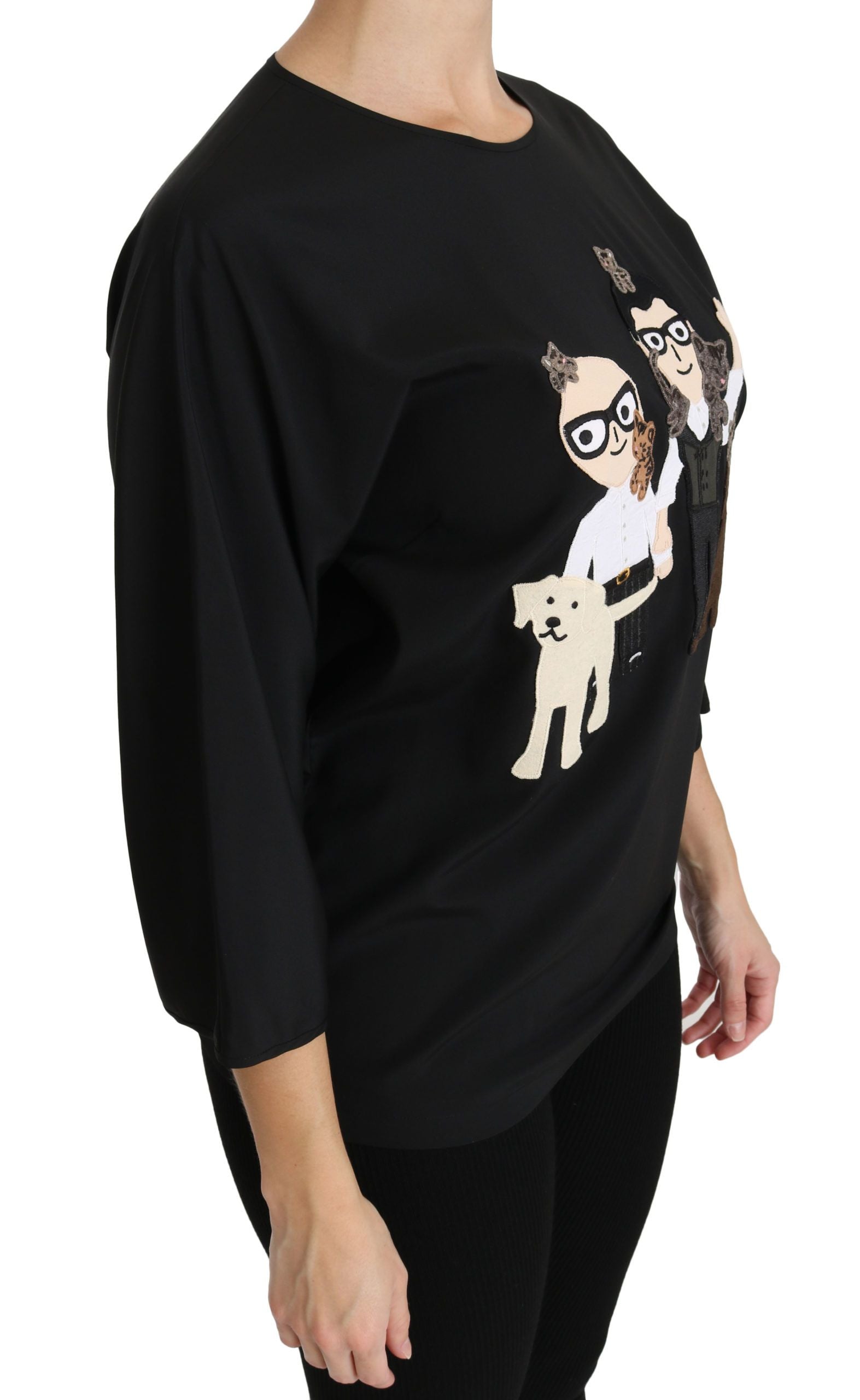 Black Dolce & Gabbana silk blouse with a #dgfamily top T-shirt style, featuring a sleek, elegant design and smooth fabric.