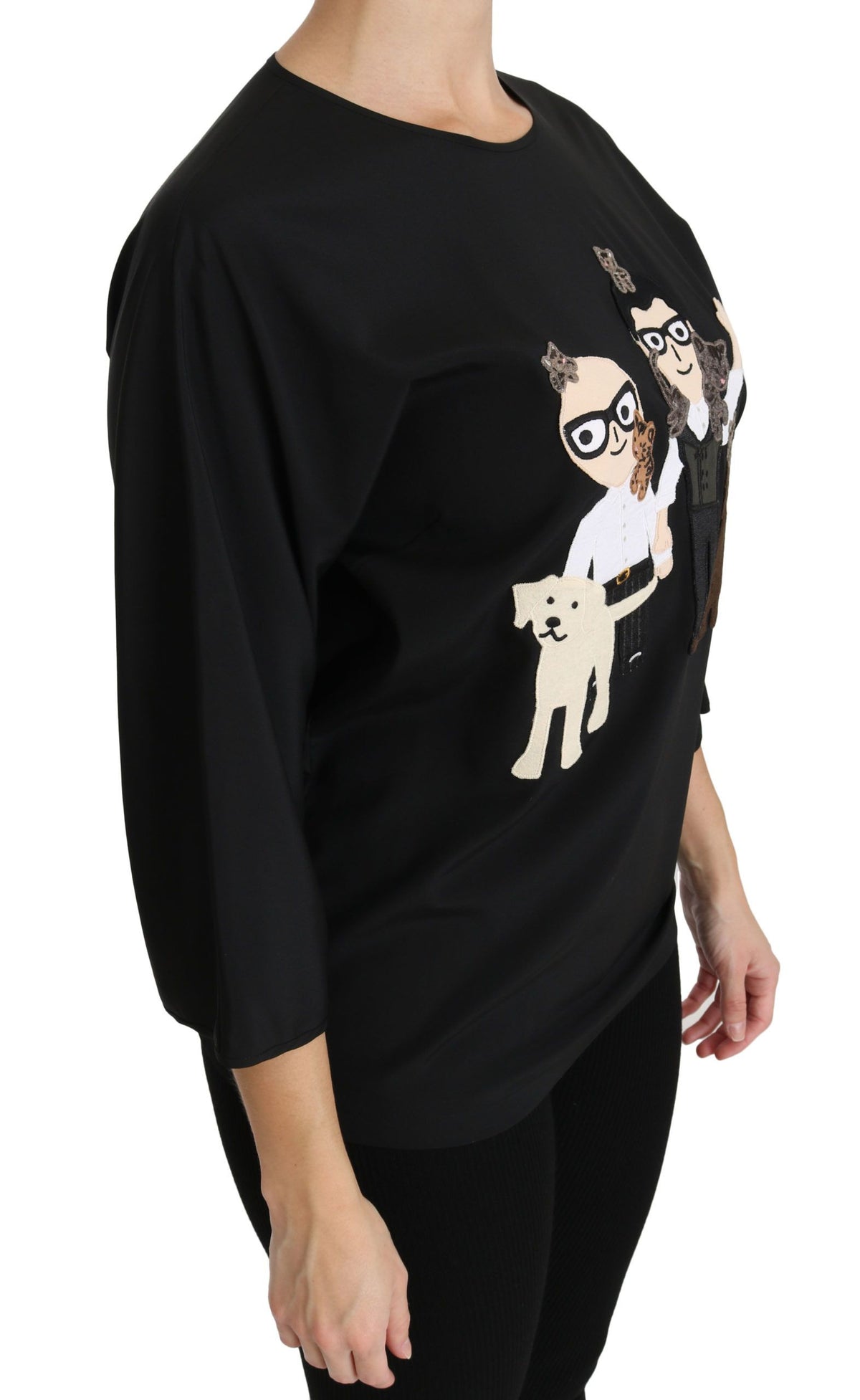 Black Dolce & Gabbana silk blouse with a #dgfamily top T-shirt style, featuring a sleek, elegant design and smooth fabric.