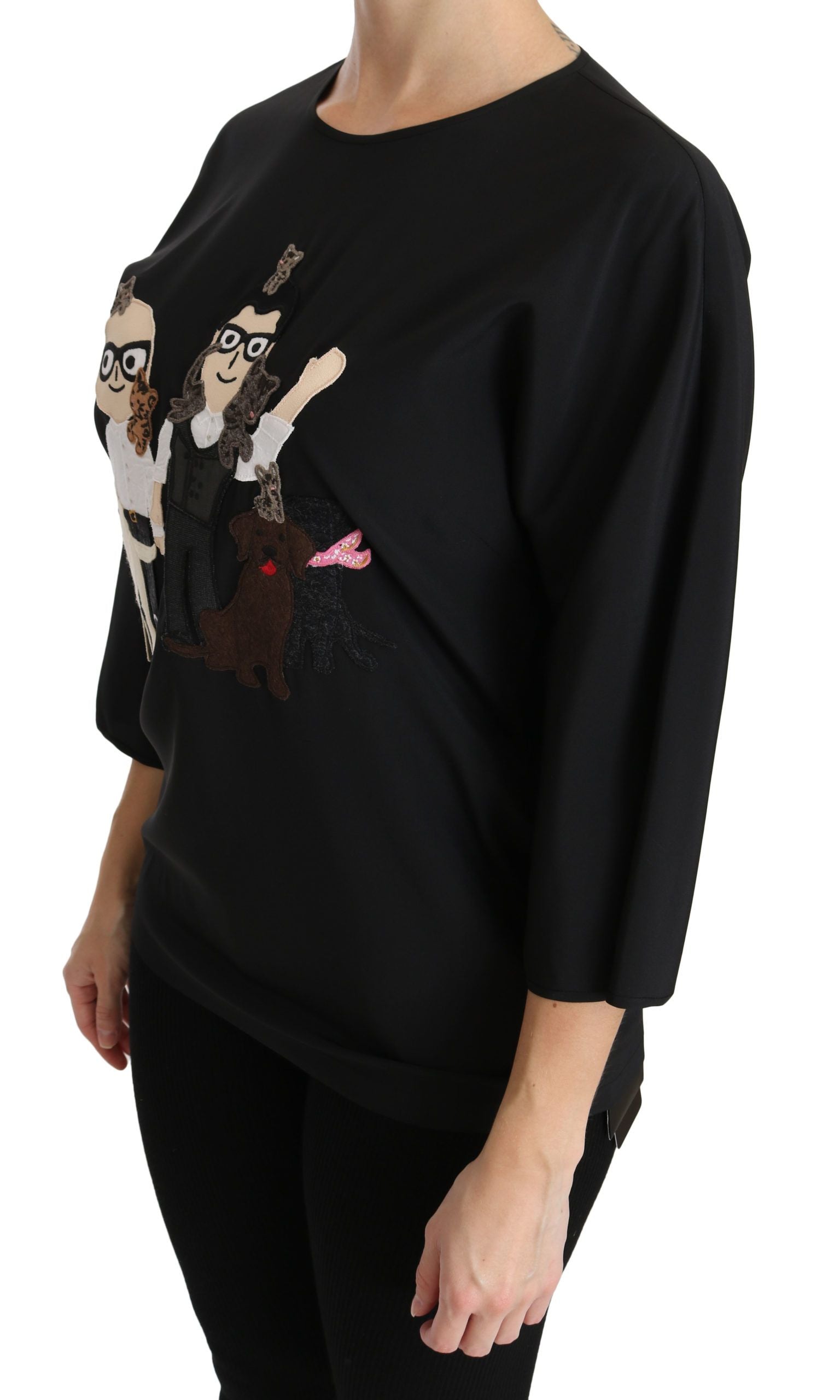 Black Dolce & Gabbana silk blouse featuring a #dgfamily top T-shirt design, stylish and elegant for sophisticated casual wear.