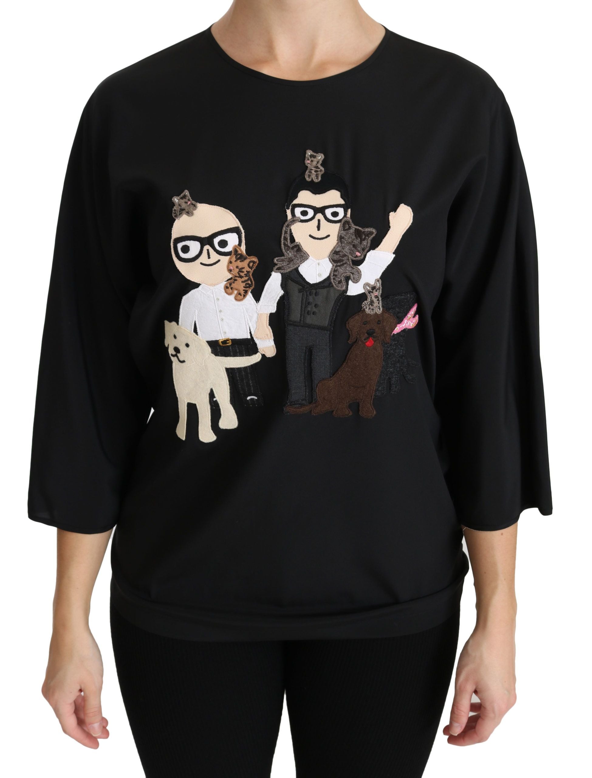 Black Dolce & Gabbana silk blouse with a #dgfamily top T-shirt design, showcasing smooth fabric and stylish fit.