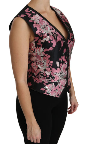 Black pink floral waistcoat vest with blouse top by Dolce & Gabbana, featuring a fitted design and vibrant floral pattern.