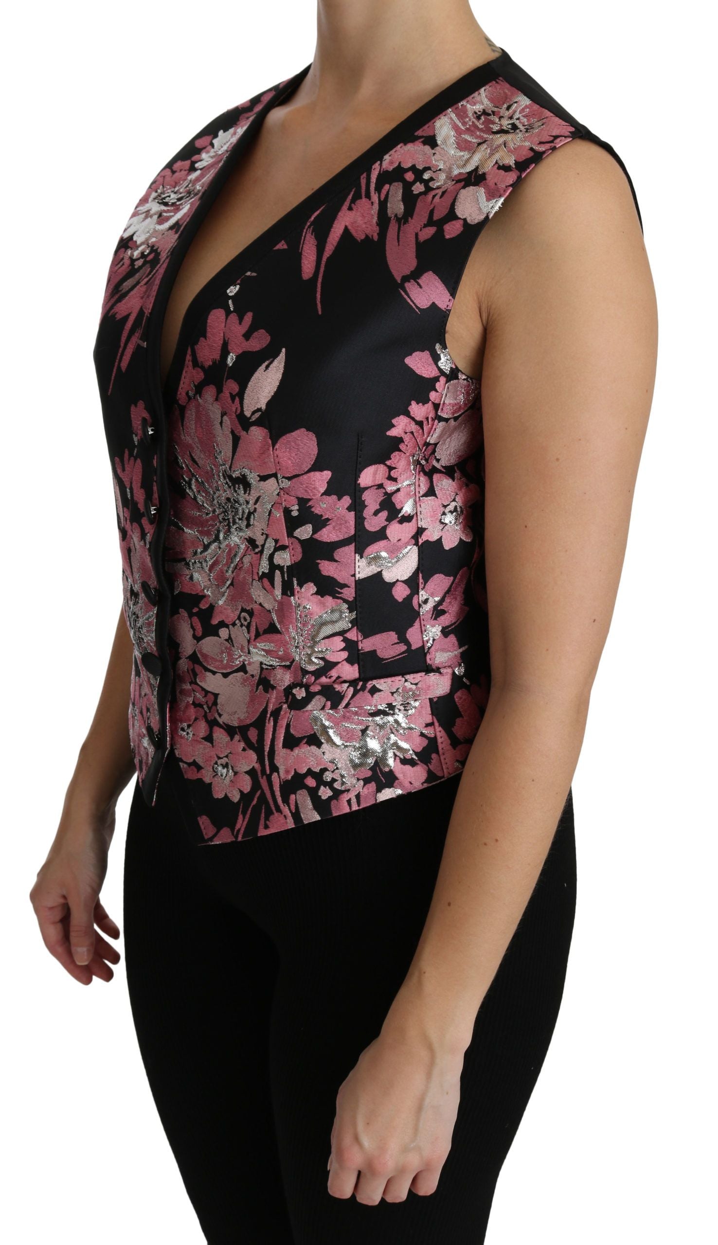 Black pink floral waistcoat vest and blouse top by Dolce & Gabbana, featuring a stylish floral design and tailored fit.