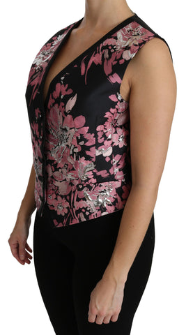 Black pink floral waistcoat vest and blouse top by Dolce & Gabbana, featuring a stylish floral design and tailored fit.
