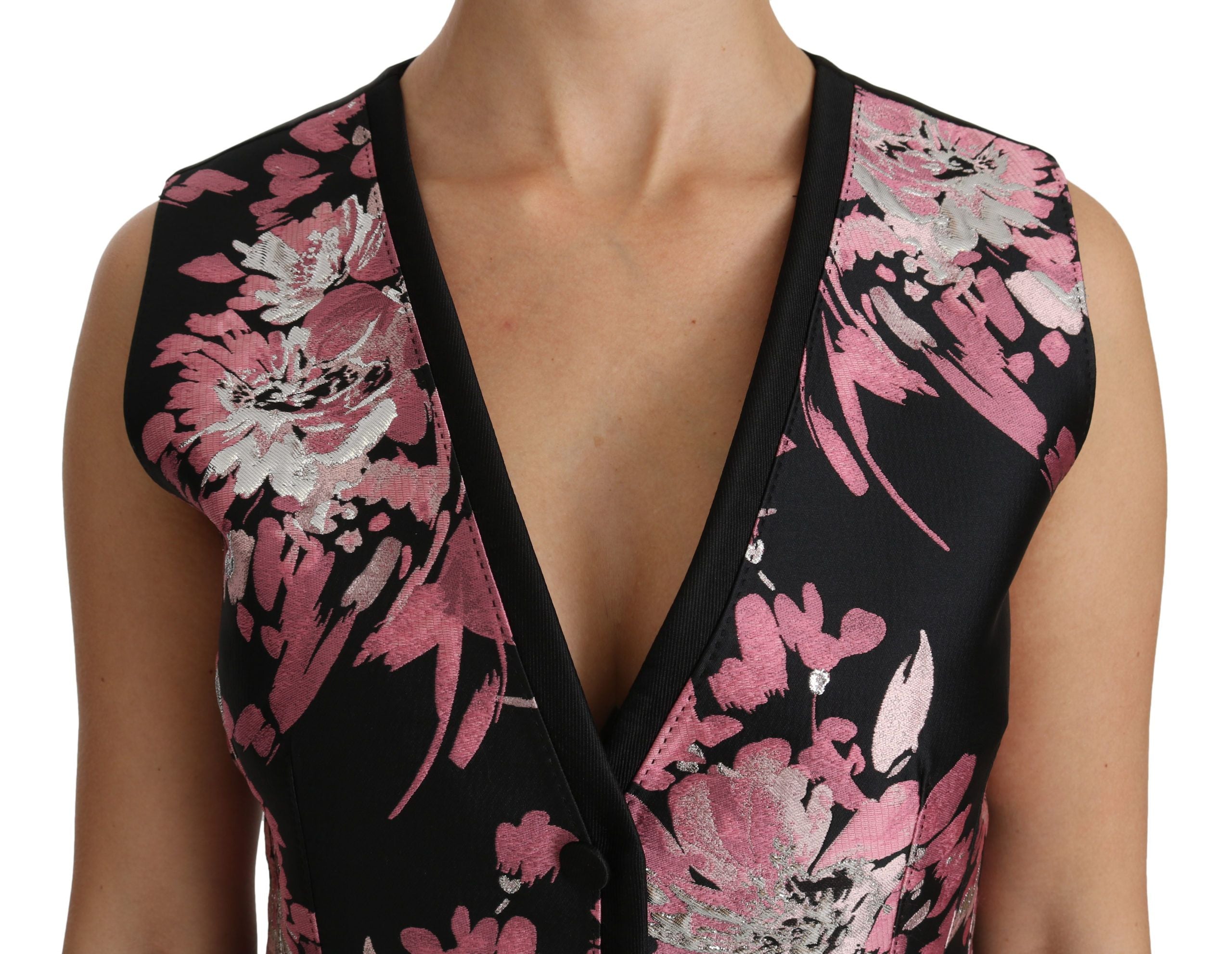 Black floral waistcoat vest with pink accents from Dolce & Gabbana, featuring a fitted blouse top with intricate floral embroidery.